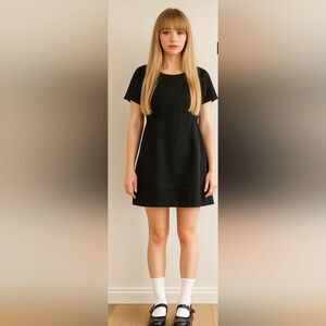 Black Pleated Hem Dress XL NWT S/S Linen Dollcore Feminine A-line Boxy Crew Neck